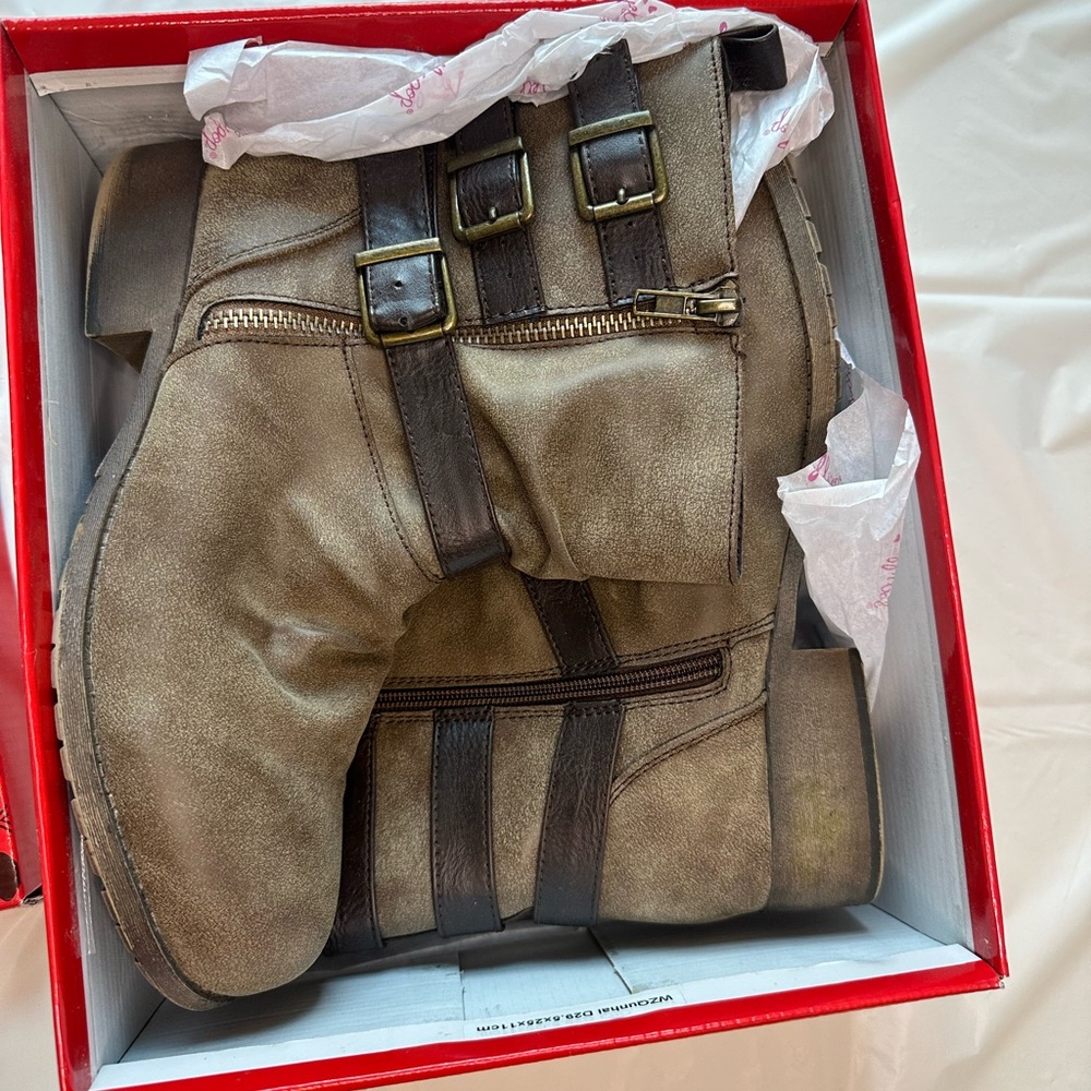 Mariana by JellyPop Suede Light Brown Low Boots with Buckles
